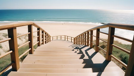Staircase leading to the sea. Wooden stairs leading to the sea.の素材