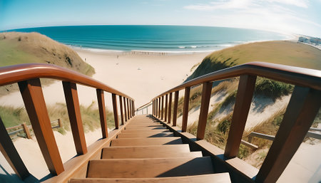 Staircase to the beach with sand dunes and ocean viewの素材