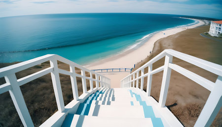 Staircase to the beach with sea and blue sky background.の素材
