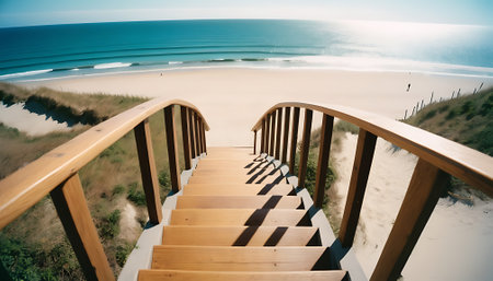 Wooden stairs leading to the sea with sand dunes and ocean viewの素材