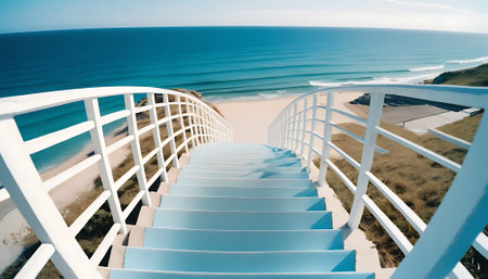 Staircase to the beach. Blue sky and sea in the background.の素材