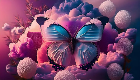 3D illustration of a butterfly in surreal landscape with flowers.の素材