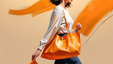 cropped view of stylish woman in white blouse holding orange shopping bag on beigeの素材