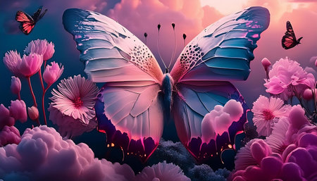 Beautiful butterfly and flowers in the sky. 3D illustration.の素材