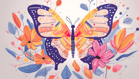 Butterflies and flowers. Hand drawn vector illustration in cartoon style.の素材