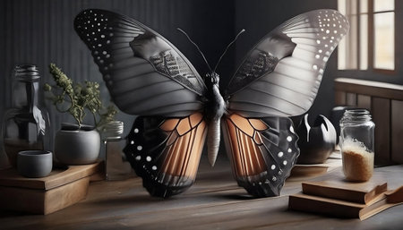 Beautiful butterfly on wooden table in room. Idea for interior designの素材