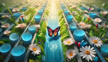 3d rendering of a butterfly flying over a flower field in the morningの素材