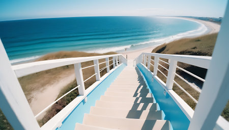 Staircase to the beach with sea and blue sky background.の素材