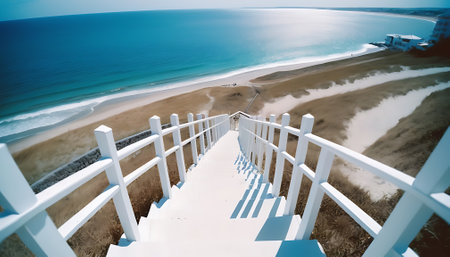 Staircase on the beach with blue sea in the background.の素材