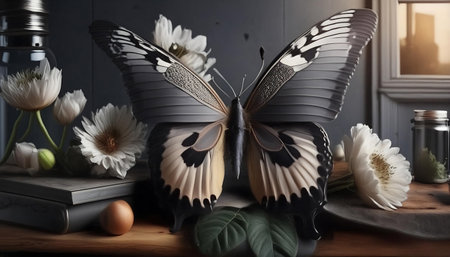 Butterfly made of paper on wooden table. 3d renderingの素材