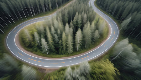 Aerial view of the winding road in the forest with motion blur effectの素材