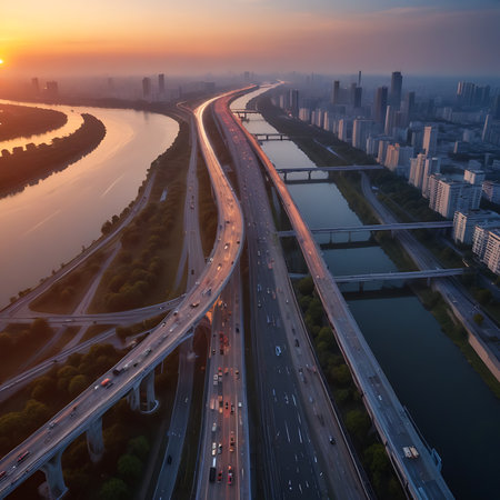 Aerial view of a highway overpass in Shanghai, China.の素材