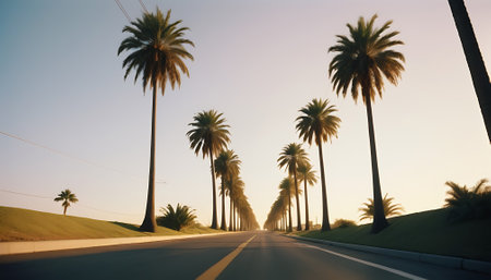 Highway through the palm trees on a beautiful summer day in Californiaの素材