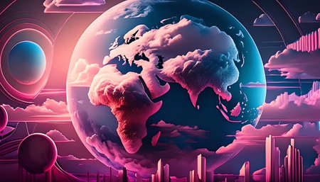 3d illustration of planet earth with cityscape in the background.の素材