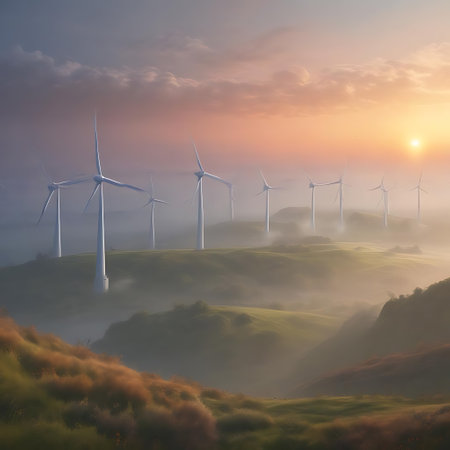 An image of wind turbines on a hill in a beautiful foggy sunriseの素材