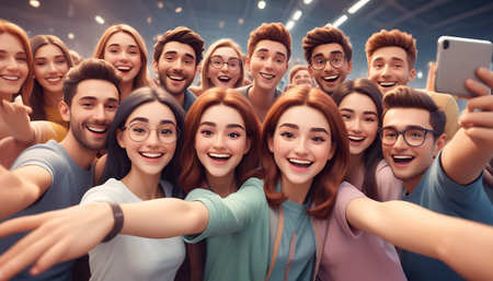 friendship, technology and people concept - group of smiling teenagers taking selfie with smartphoneの素材