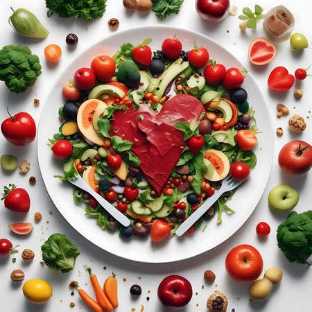 Healthy heart-shaped plate full of vegetables and fruits, top viewの素材