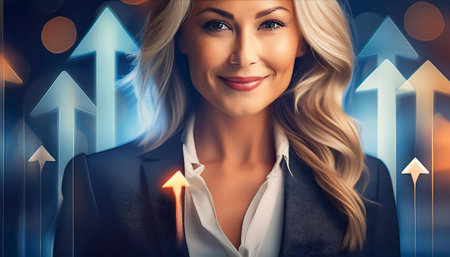 Portrait of beautiful businesswoman with arrows pointing up. success conceptの素材