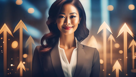Portrait of smiling young Asian businesswoman in suit with arrows. Success concept.の素材