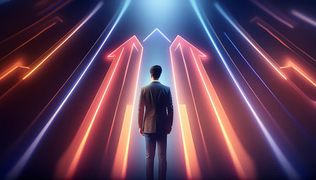 Rear view of businessman looking at glowing arrows on abstract background. success conceptの素材