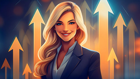 Portrait of a beautiful business woman with growth arrows in the background.の素材