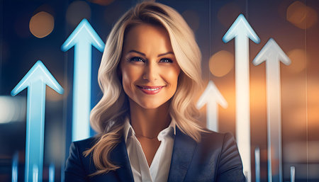 Portrait of beautiful businesswoman with arrows pointing up. success conceptの素材