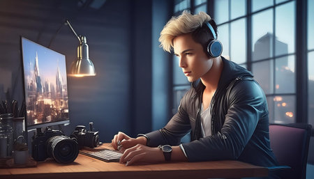 Handsome young man in headphones is sitting at the table in front of a computer monitor with a city view.の素材