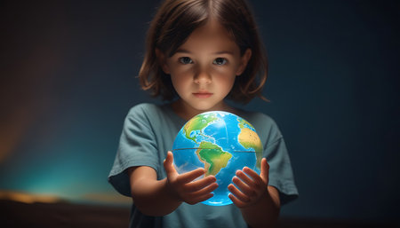 Little girl holding earth globe. Elements of this image furnished by NASAの素材