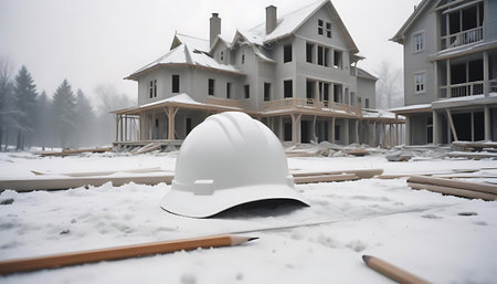 construction of a new house with a white hard hat in the snowの素材