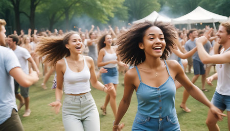Group of young people having fun at a music festival, dancing and having funの素材