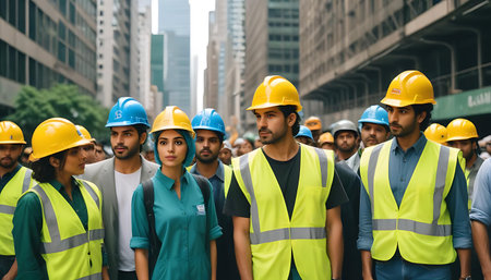 Group of engineers and architects in hardhats at construction site.の素材