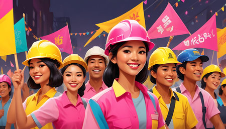 Group of happy construction workers wearing safety helmets and smiling at the cameraの素材