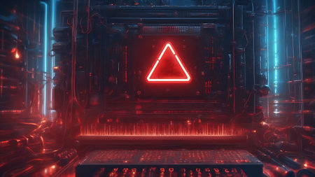 3d rendering of glowing red neon triangle symbol in dark futuristic space stationの素材
