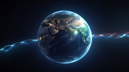 Earth planet with lighting effect on dark background. 3D rendering.の素材
