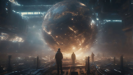 Futuristic scene with a man standing in front of an alien planetの素材