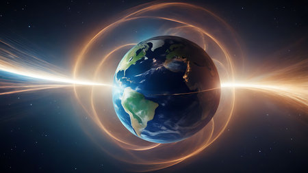 Earth planet in space with rays of light. Elements of this image furnished by NASAの素材