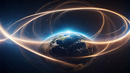 Earth planet with glowing lines in space. Elements of this image furnished by NASAの素材