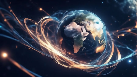 Planet earth with abstract lines and bokeh effect. 3D renderingの素材