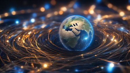 Glowing planet earth on abstract colorful background with bokeh lightsの素材