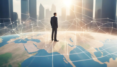 Businessman standing on the world map and looking at the network connectionの素材