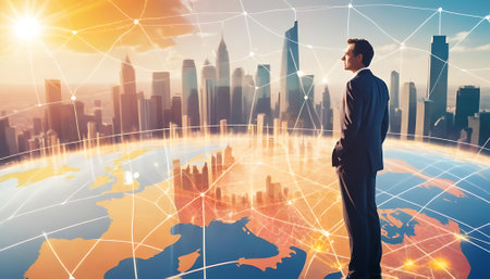 Businessman looking at the world map and networking concept. Double exposureの素材