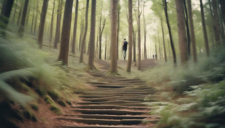 Man walking up the stairs in the forest with motion blur effect.の素材