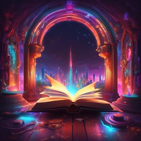 Open book with magic glowing arches in the background. Vector illustration.の素材