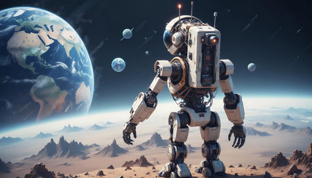 3D rendering of a robot against the background of the planet earthの素材