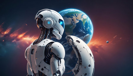 Robot humanoid and planet earth. 3D rendering. Elements of this image furnished by NASAの素材