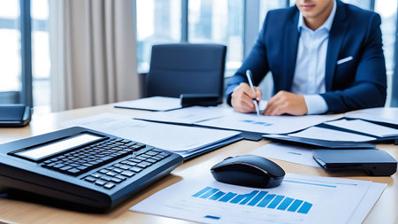 businessman working with finances about cost and calculator in modern office.の素材