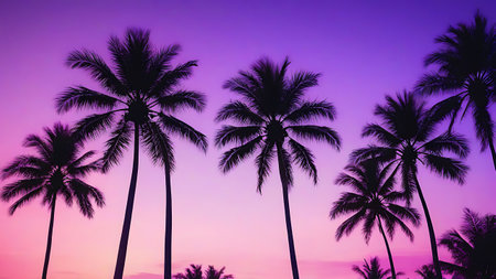 Silhouette palm tree on sunset sky background - Vintage Filter and Boost up color Processingの素材