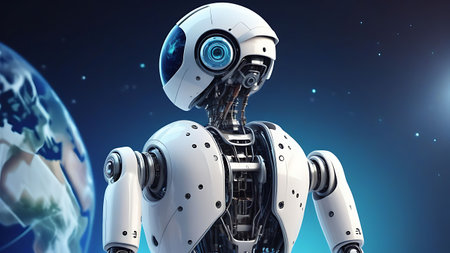 3d rendering humanoid robot with planet earth in the dark space backgroundの素材