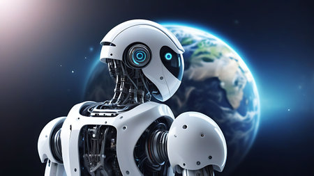 Robot humanoid looking at planet earth 3D rendering elements of this image furnished by NASAの素材