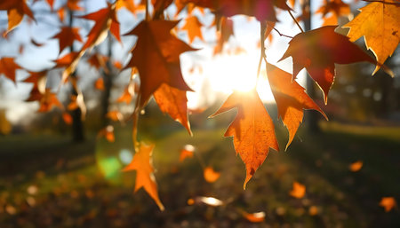 Autumn leaves in the park at sunset. Shallow depth of fieldの素材
